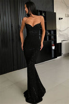 Black Sheath Open Back Spaghetti Straps Equins Formal Prom Dresses