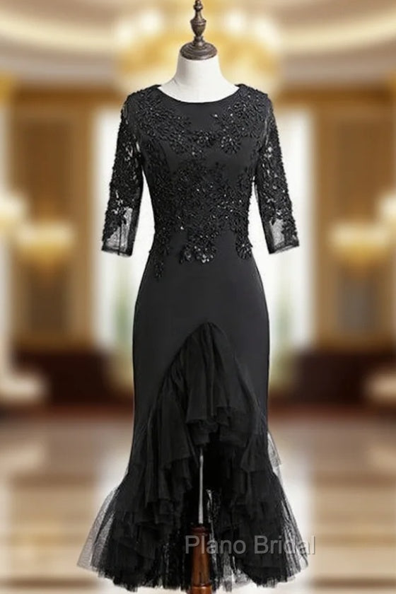 Black Sheath Satin Tulle Appliques Short Sleeve Short  Formal Prom Dresses Main image
