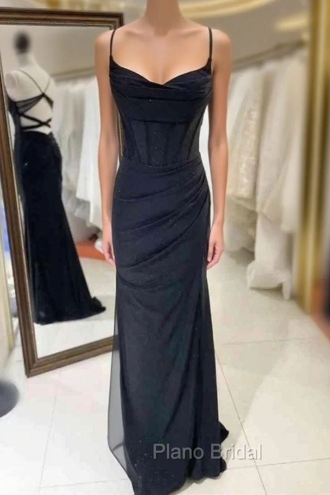 Black Sheath Spaghetti Straps Pleats Formal Prom Dresses