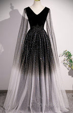 Black Shiny Tulle Gradient Tulle V-Neckline Party Dresses, Black Tulle Formal Prom Dresses