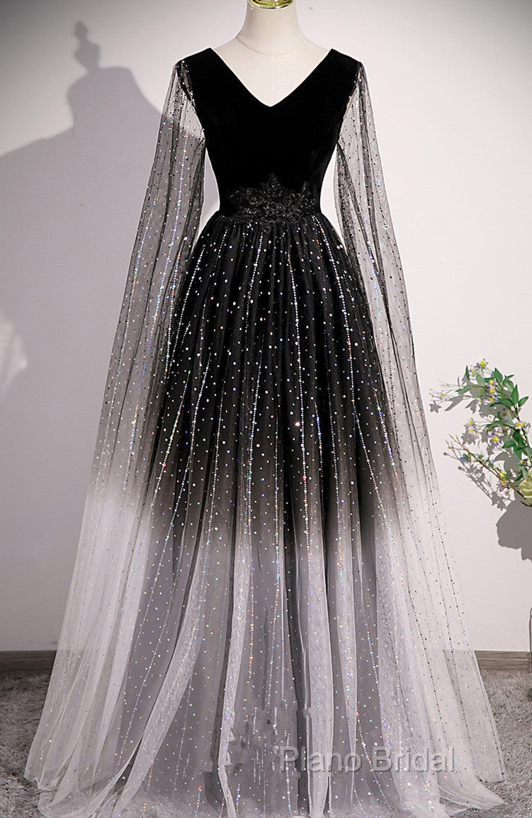 Black Shiny Tulle Gradient Tulle V-Neckline Party Dresses, Black Tulle Formal Prom Dresses