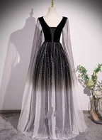Black Shiny Tulle Gradient Tulle V-Neckline Party Dresses, Black Tulle Formal Prom Dresses
