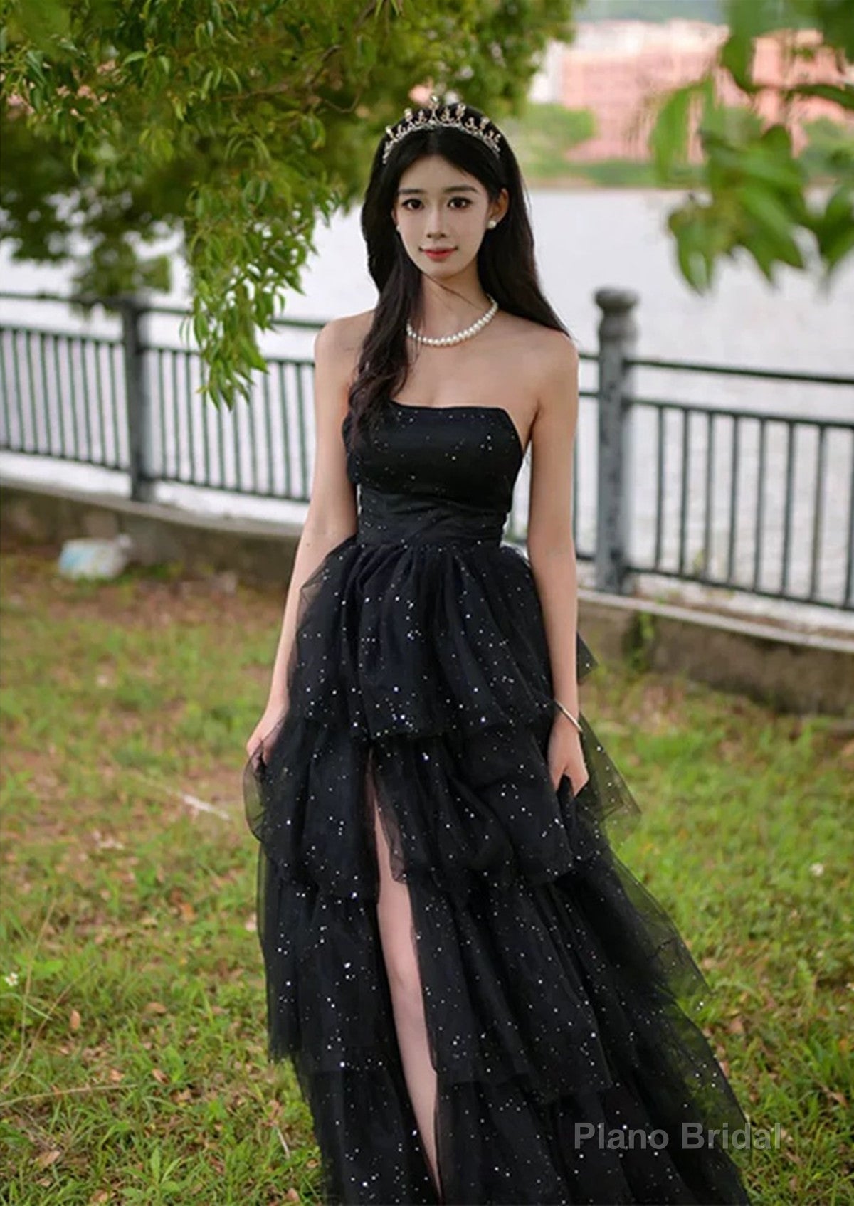 Black Shiny Tulle Layers Long Party Dress with Leg Slit, Black Tulle Prom Dress Secondary image