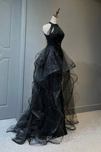 Black Shiny Tulle Long Party Dresses with Beaded, Black Evening Dresses