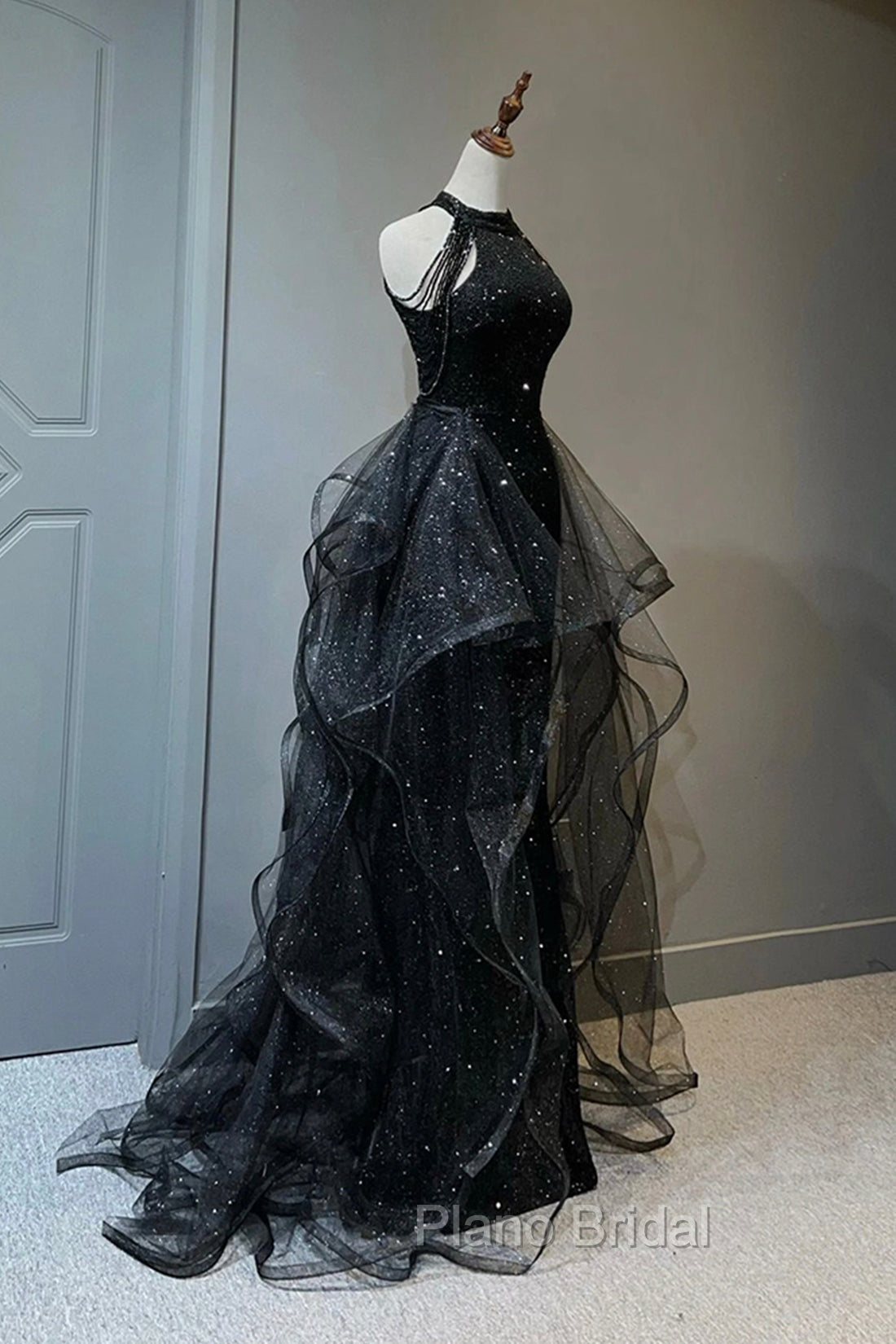 Black Shiny Tulle Long Party Dresses with Beaded, Black Evening Dresses