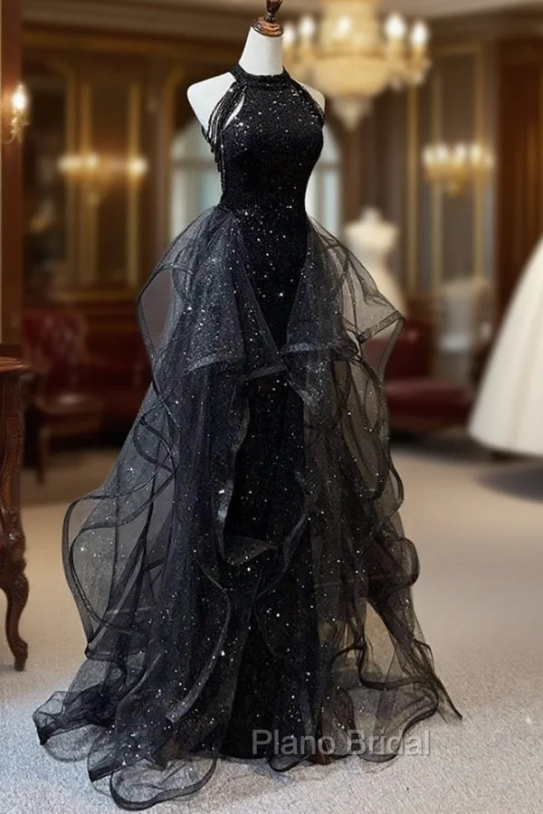 Black Shiny Tulle Long Party Dresses with Beaded, Black Evening Dresses Main image