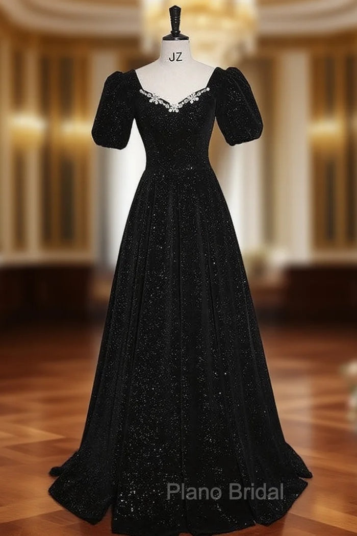 Black Short Sleeve Crystal Formal Prom Dresses
