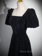 Black Short Sleeves A-line Simple Formal Prom Dresses, Black Party Dresses Bridesmaid Dresses