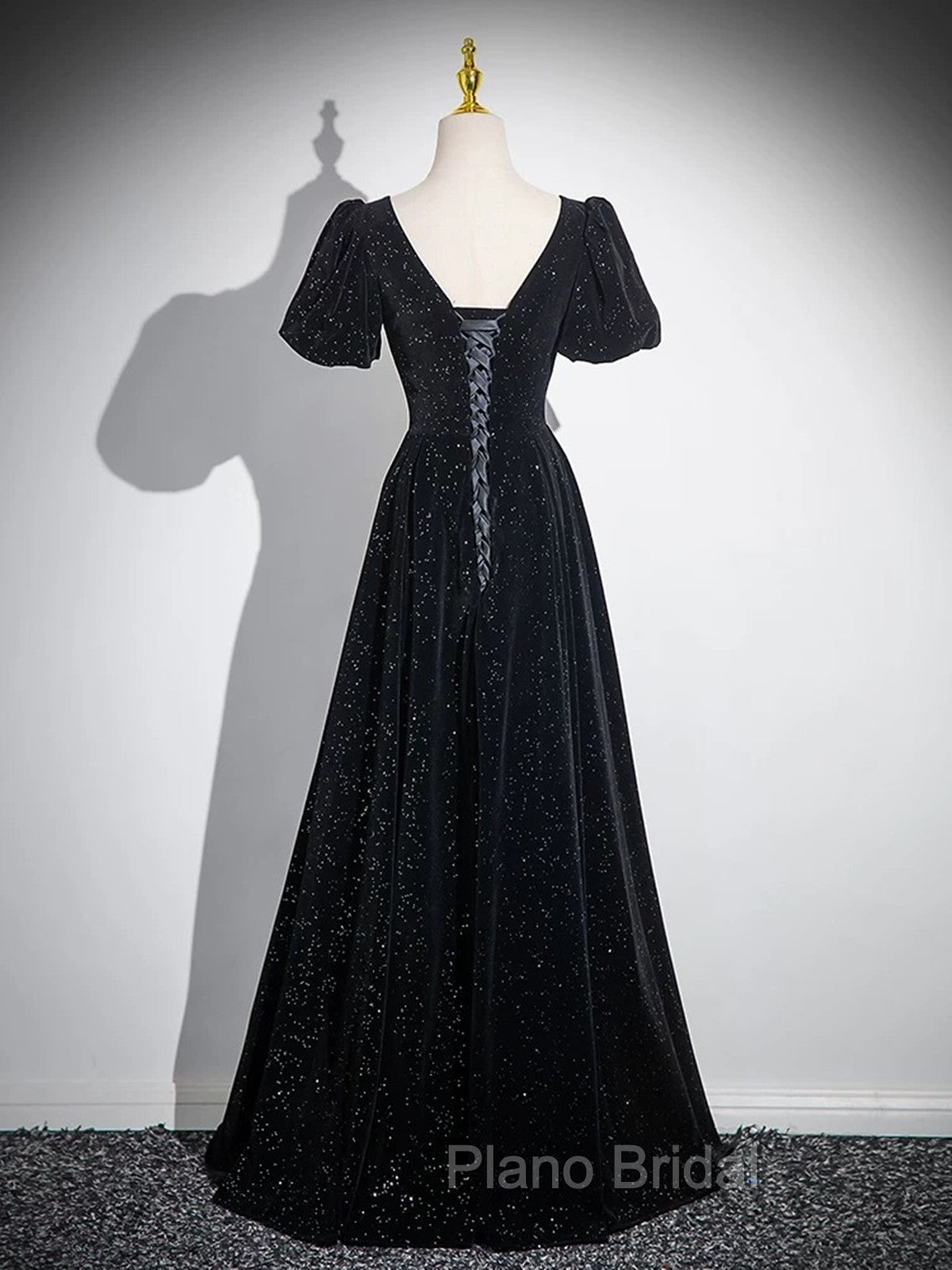 Black Short Sleeves A-line Simple Formal Prom Dresses, Black Party Dresses Bridesmaid Dresses