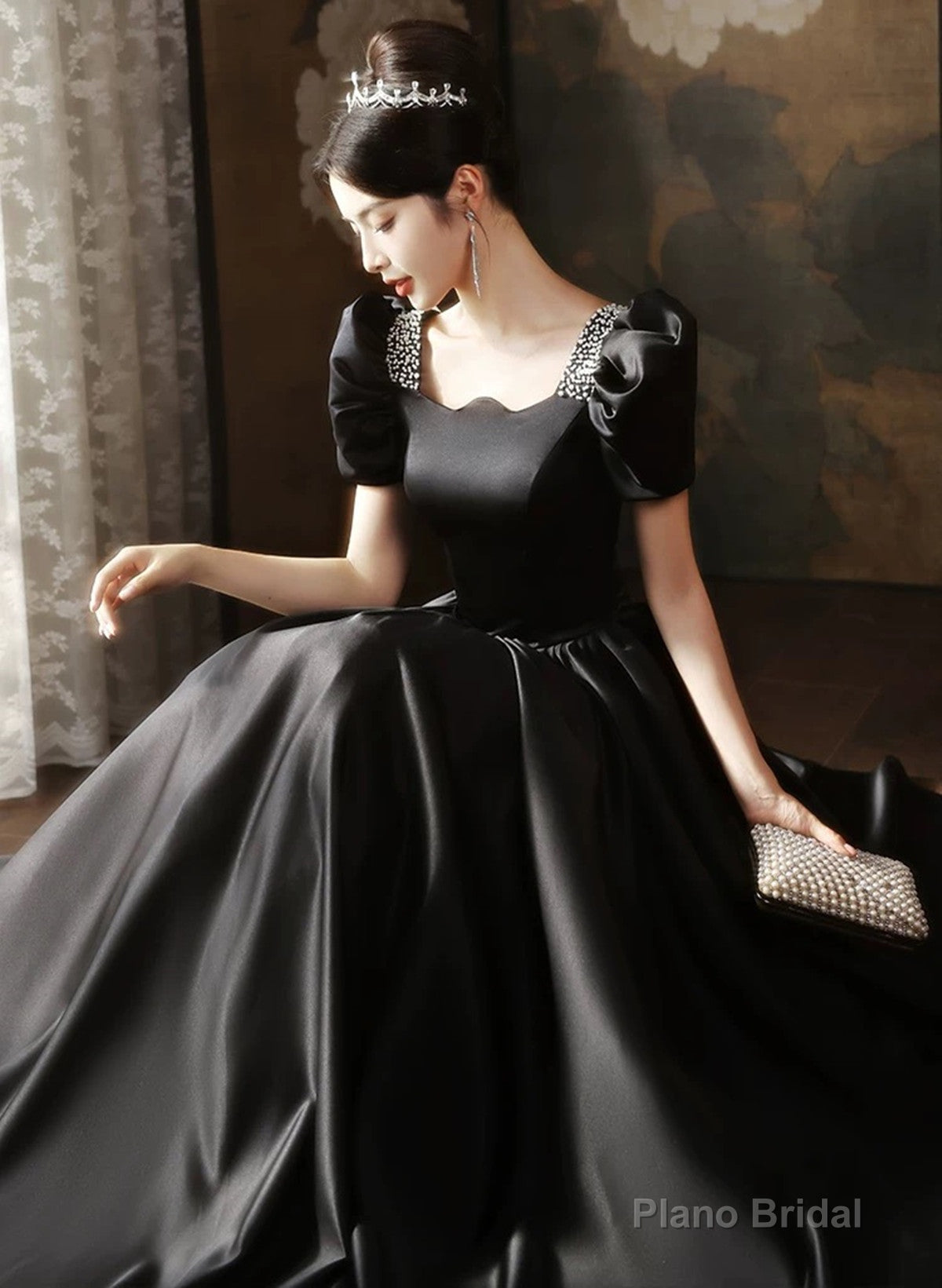 Black Short Sleeves Beaded A-line Satin Prom Dress, Black Satin Party Dress Main image