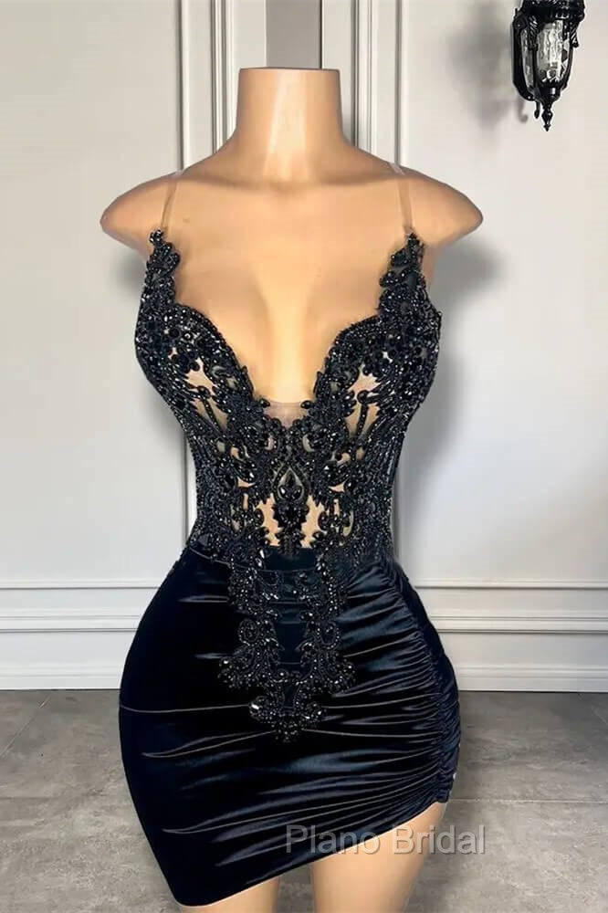 Black Sleeveless Short Formal Prom Dresses with Spaghetti Straps and Beadings