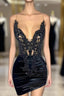 Black Sleeveless Short Formal Prom Dresses with Spaghetti Straps and Beadings