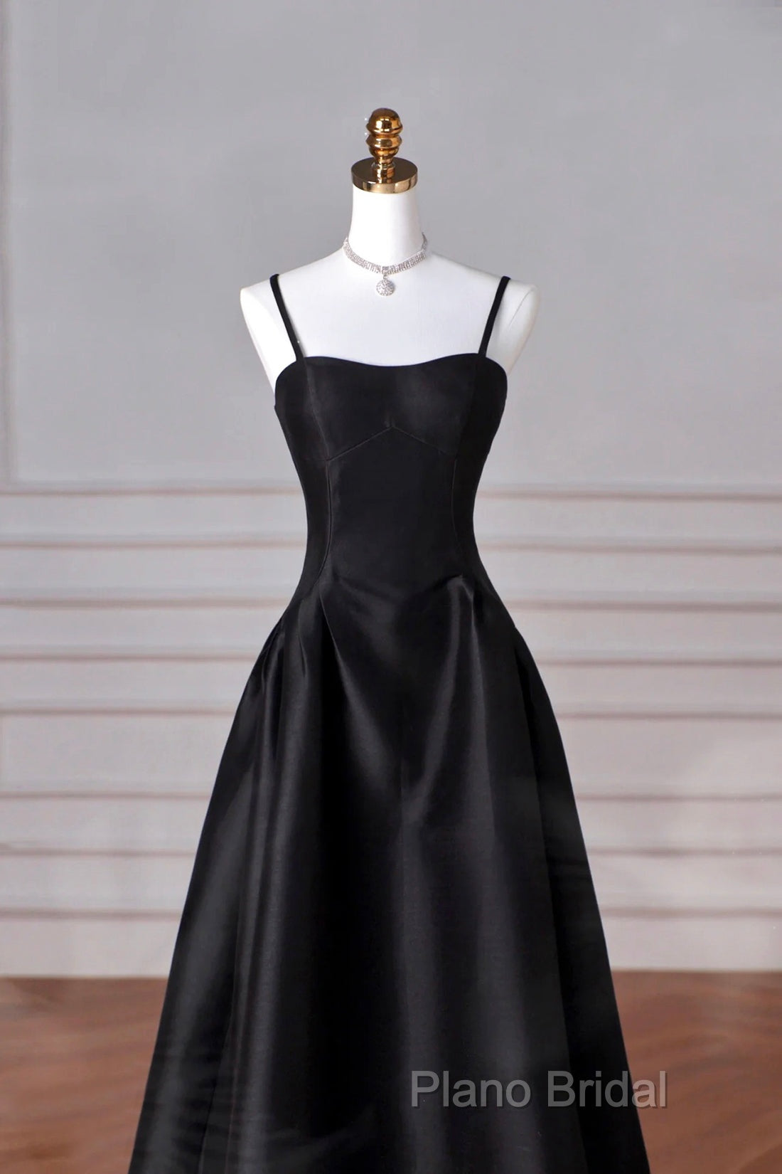 Black Spaghetti Strap Satin Long Formal Prom Dresses, A-Line Backless Formal Party Dresses