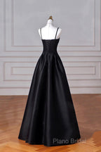 Black Spaghetti Strap Satin Long Formal Prom Dresses, A-Line Backless Formal Party Dresses