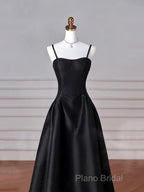 Black Spaghetti Strap Satin Long Formal Prom Dresses, Black A-Line Formal Dresses