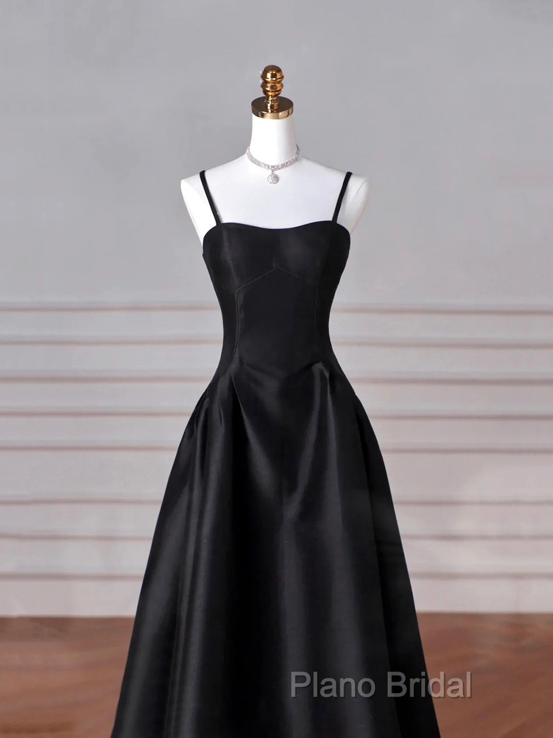 Black Spaghetti Strap Satin Long Formal Prom Dresses, Black A-Line Formal Dresses