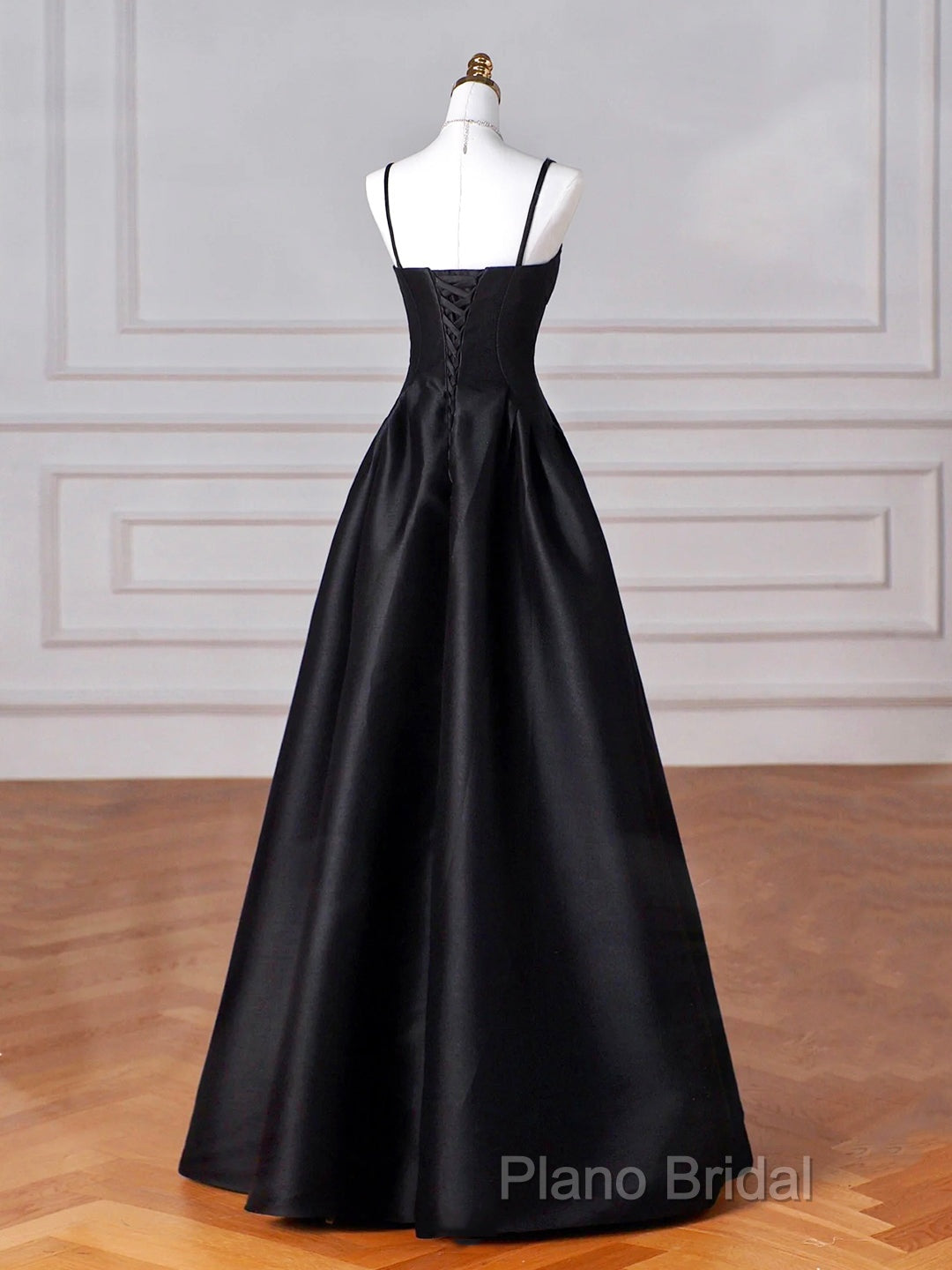 Black Spaghetti Strap Satin Long Formal Prom Dresses, Black A-Line Formal Dresses