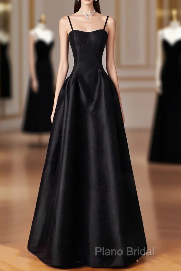 Black Spaghetti Strap Satin Long Formal Prom Dresses, Black A-Line Formal Dresses Main image