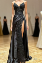 Black Spaghetti Straps Lace Appliques Formal Prom Dresses with Slit
