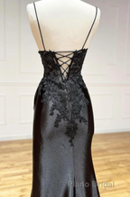 Black Spaghetti Straps Lace Appliques Formal Prom Dresses with Slit