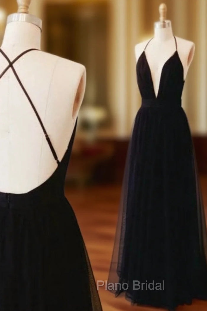Black Spaghetti Straps Formal Prom Dresses Open Back Graduation Dresses