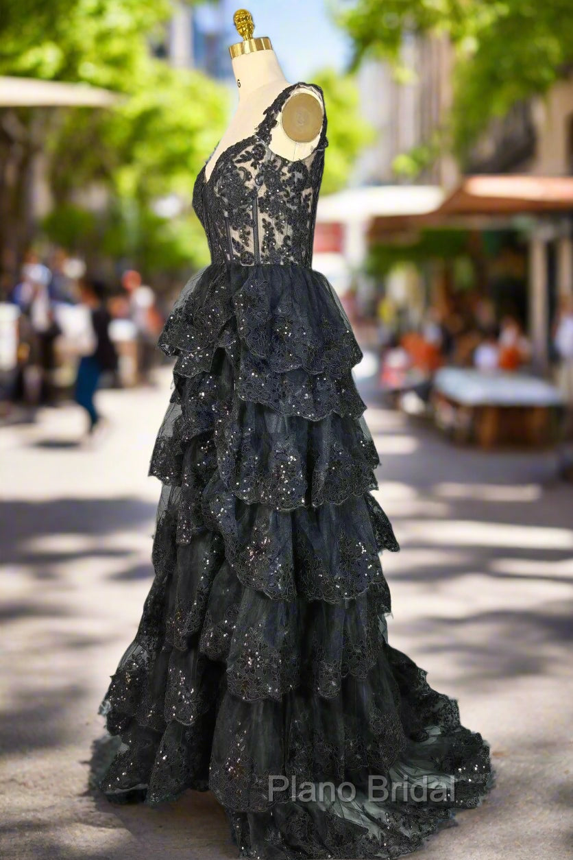 Black Sparkly Corset Formal Prom Dresses Off The Shoulder Tiered A-Line Sweetheart Neck Tulle Lace Evening Dresses Secondary image