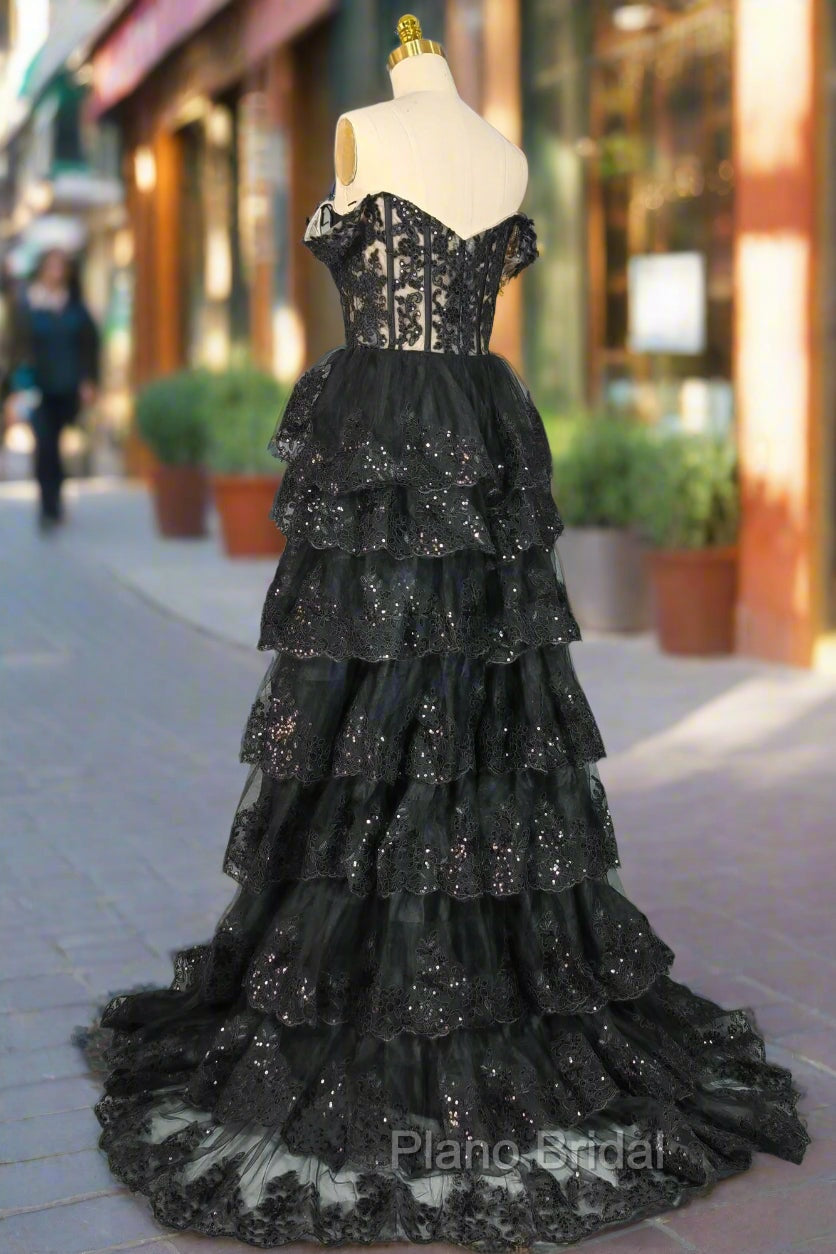 Black Sparkly Corset Formal Prom Dresses Off The Shoulder Tiered A-Line Sweetheart Neck Tulle Lace Evening Dresses