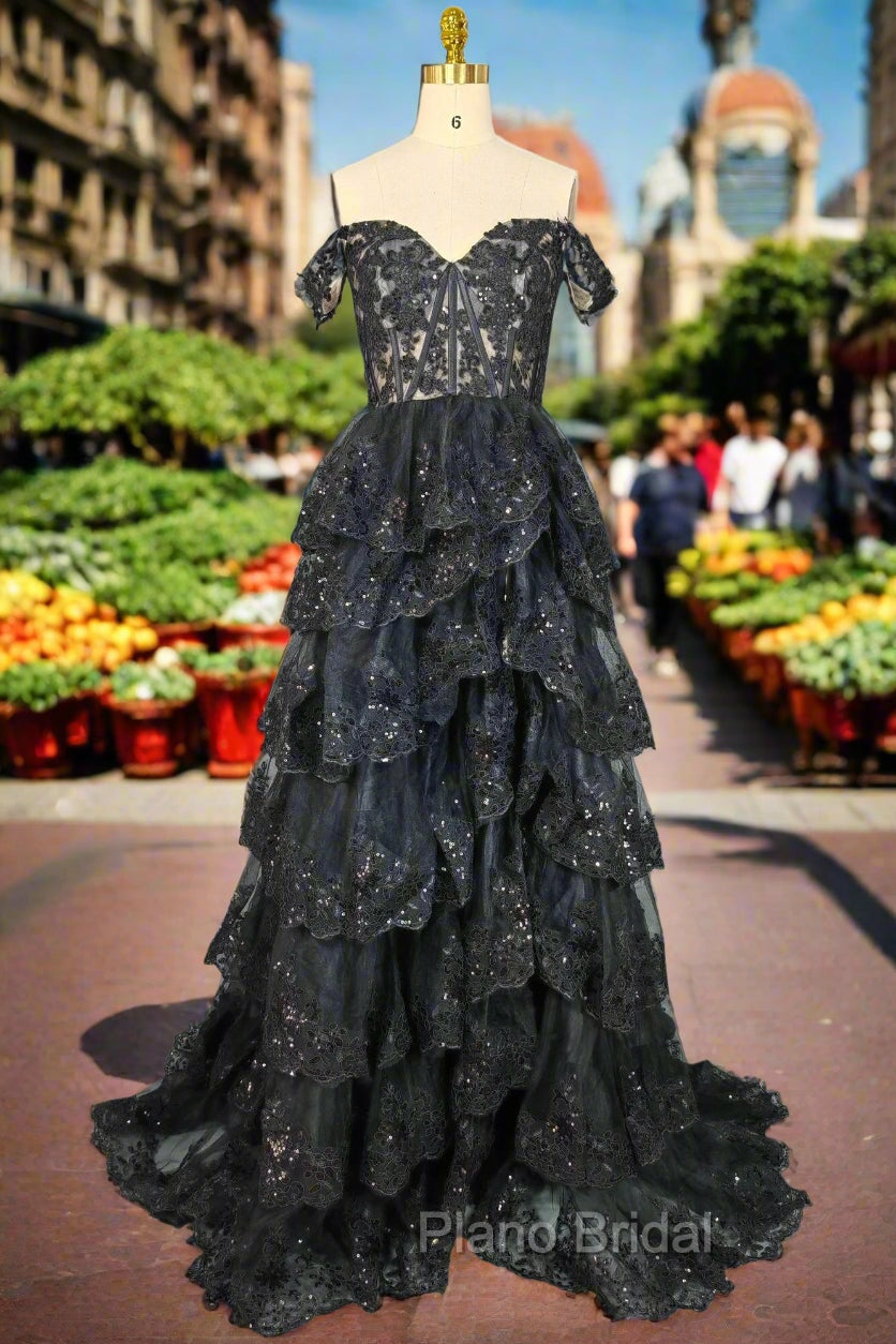 Black Sparkly Corset Formal Prom Dresses Off The Shoulder Tiered A-Line Sweetheart Neck Tulle Lace Evening Dresses