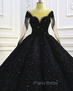 Black Sparkly Long Sleeve Wedding Ball Gown Dresses