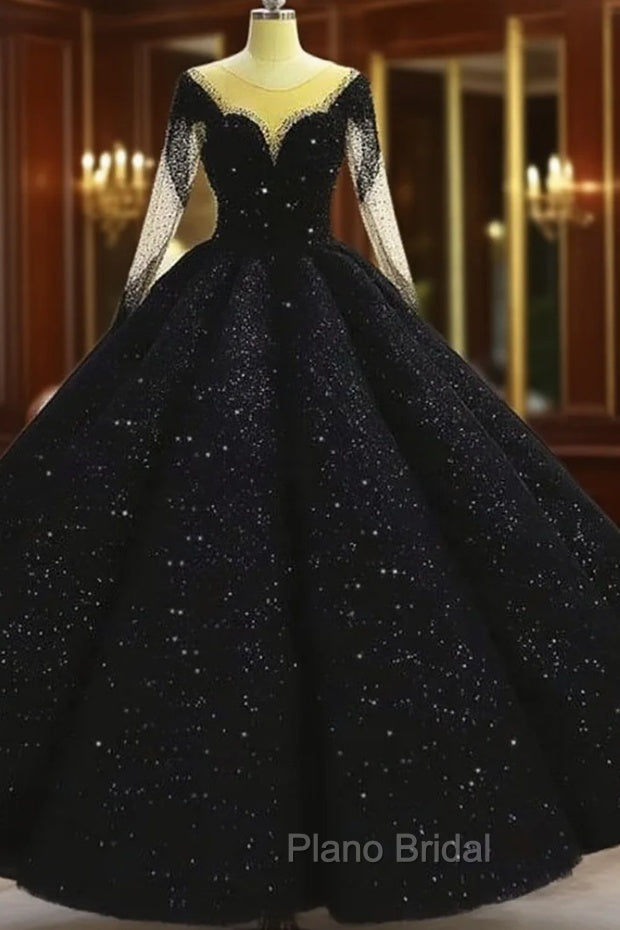 Black Sparkly Long Sleeve Wedding Ball Gown Dresses Main image
