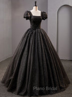 Black Square Neckline Tulle Long Formal Prom Dresses, Shiny Tulle Black Evening Dresses