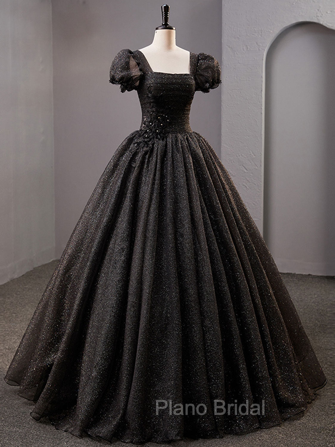 Black Square Neckline Tulle Long Formal Prom Dresses, Shiny Tulle Black Evening Dresses