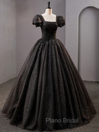 Black Square Neckline Tulle Long Formal Prom Dresses, Shiny Tulle Black Evening Dresses