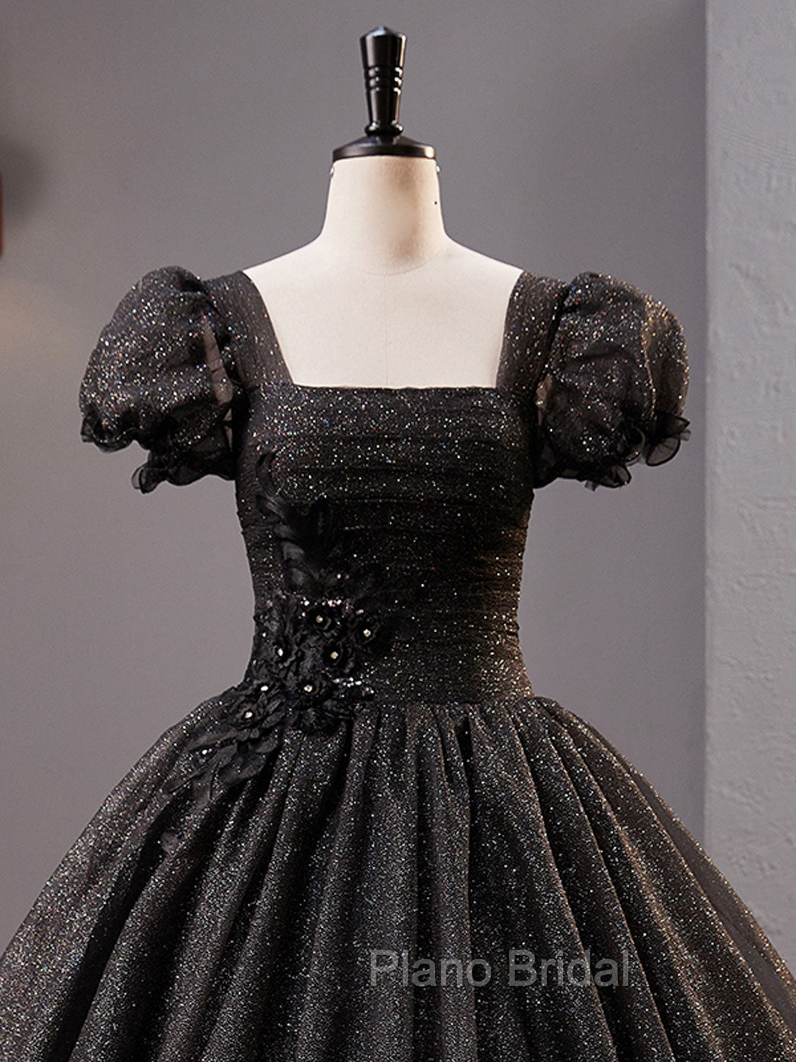 Black Square Neckline Tulle Long Formal Prom Dresses, Shiny Tulle Black Evening Dresses