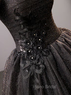 Black Square Neckline Tulle Long Formal Prom Dresses, Shiny Tulle Black Evening Dresses
