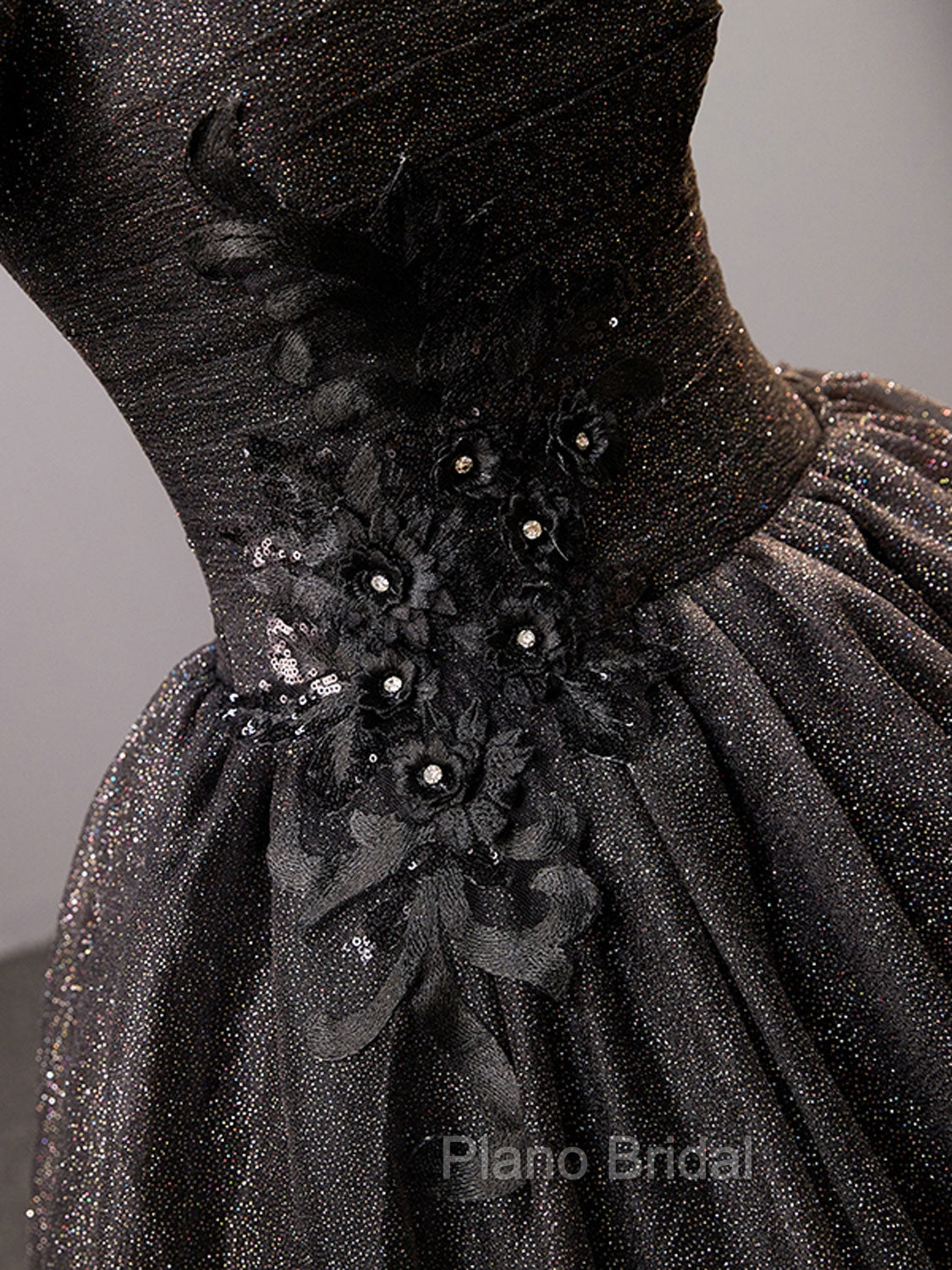 Black Square Neckline Tulle Long Formal Prom Dresses, Shiny Tulle Black Evening Dresses