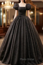 Black Square Neckline Tulle Long Formal Prom Dresses, Shiny Tulle Black Evening Dresses