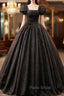 Black Square Neckline Tulle Long Formal Prom Dresses, Shiny Tulle Black Evening Dresses
