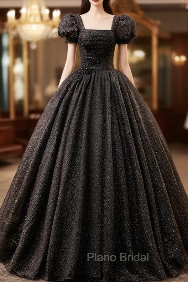Black Square Neckline Tulle Long Formal Prom Dresses, Shiny Tulle Black Evening Dresses Main image