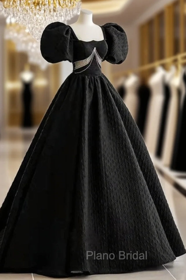 Black Square Puff Sleeve Backless Formal Prom Dresses Main image