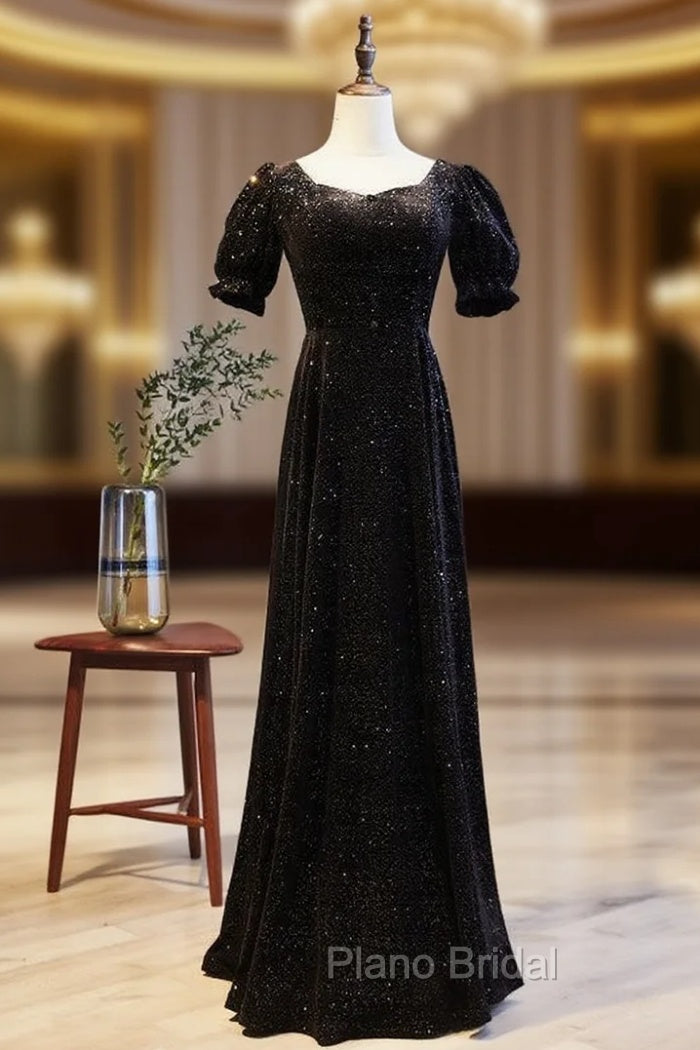 Black Square Puff Sleeve Button Formal Prom Dresses Main image