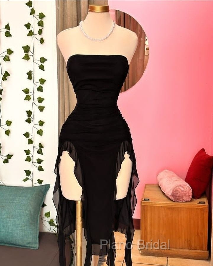 Black Strapless Midi Length Ruffle Formal Prom Dresses Sexy Evening Dresses