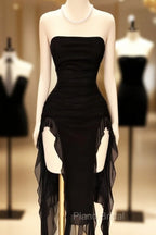 Black Strapless Midi Length Ruffle Formal Prom Dresses Sexy Evening Dresses