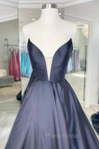 Black Strapless Satin Long Formal Prom Dresses, Black A-Line Evening Dresses