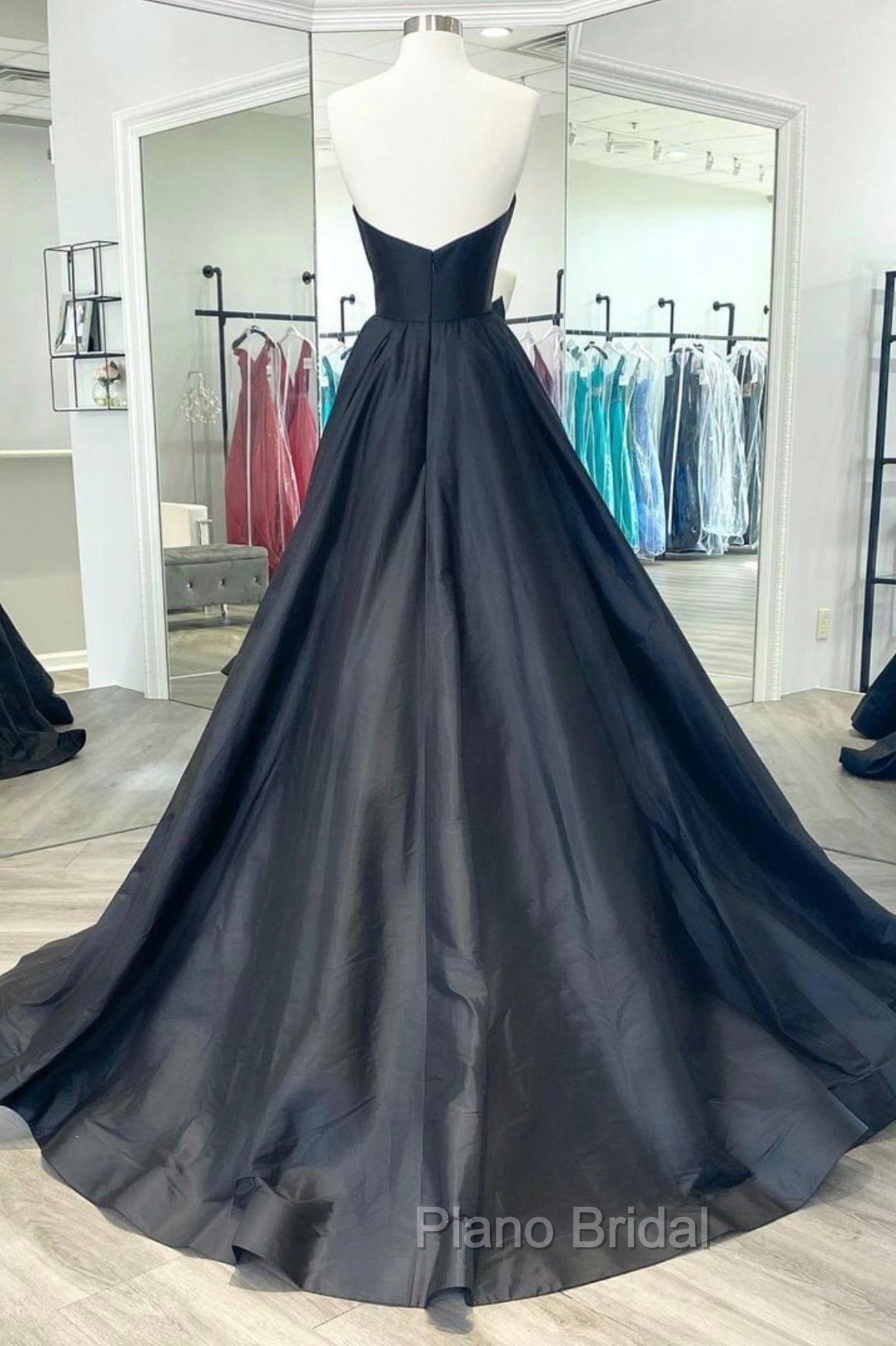 Black Strapless Satin Long Formal Prom Dresses, Black A-Line Evening Dresses