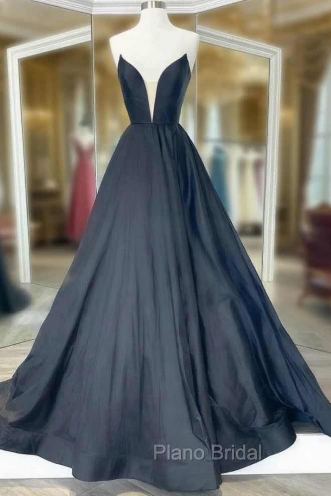 Black Strapless Satin Long Formal Prom Dresses, Black A-Line Evening Dresses Main image