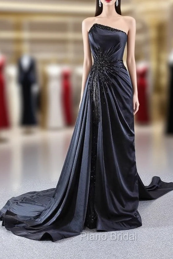 Black Strapless Satin Pleats Beading Formal Prom Dresses Main image