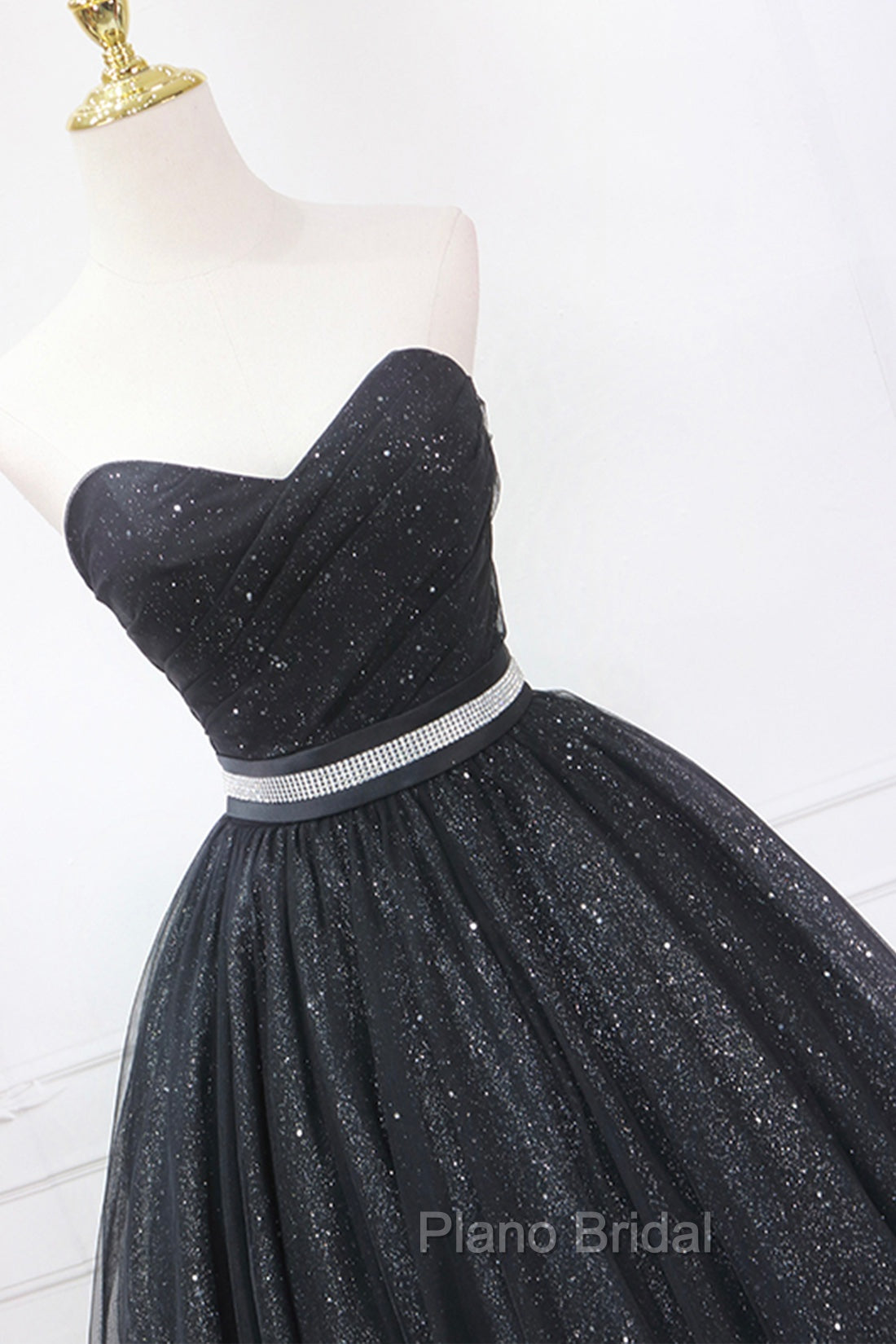 Black Strapless Shiny Tulle Tea Length Formal Prom Dresses, Black A-Line Homecoming Dresses