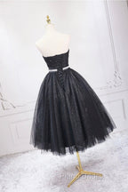 Black Strapless Shiny Tulle Tea Length Formal Prom Dresses, Black A-Line Homecoming Dresses