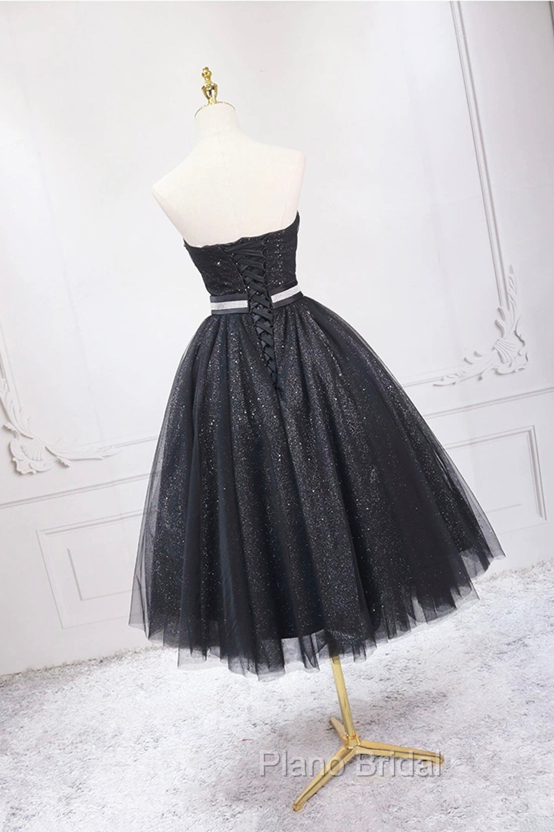 Black Strapless Shiny Tulle Tea Length Formal Prom Dresses, Black A-Line Homecoming Dresses
